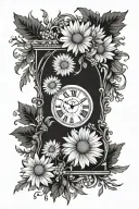 clock showing time 9:23 with daisies and evergreens around it  tattoo design idea