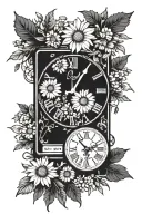 clock showing time 9:23 with daisies and evergreens around it  tattoo design idea