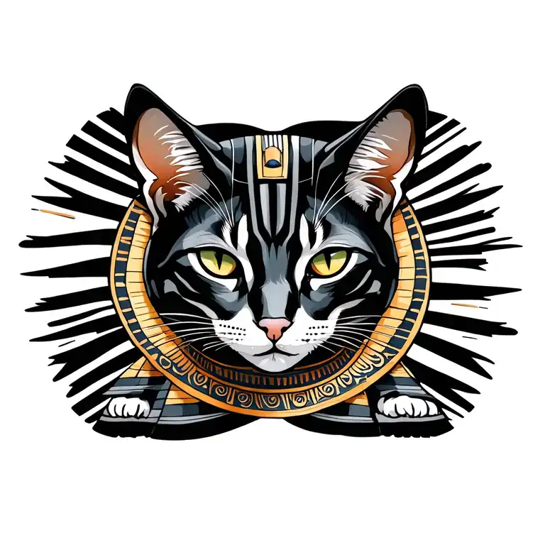 elegant full body egyptian cat with sun tattoo design idea