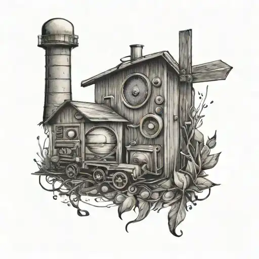 radio farm elements scattered throughout tattoo design idea