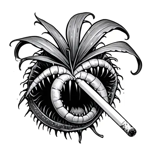 Venus flytrap plant with a cigarette being consumed tattoo design idea