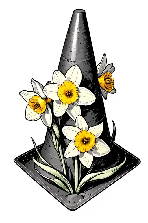 traffic cone with narcissus flowers tattoo design idea