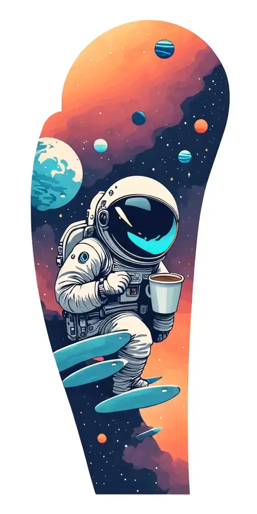 spaced themed with satellites. minimalist with clean lines. hidden tiny astronaut with a coffee cup, alien peeking tattoo design idea