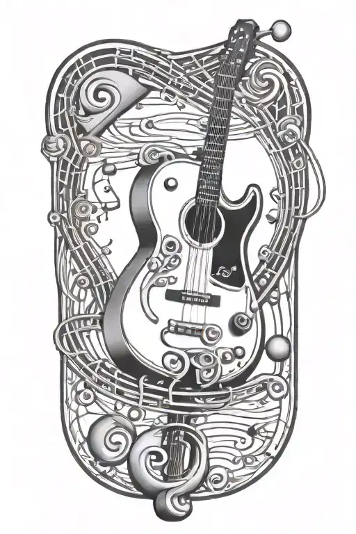 A fishing rod morphing into a guitar neck with musical notes as the line tattoo design idea