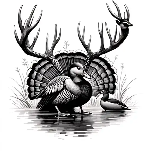 deer turkey mallard ducks with catails  tattoo design idea