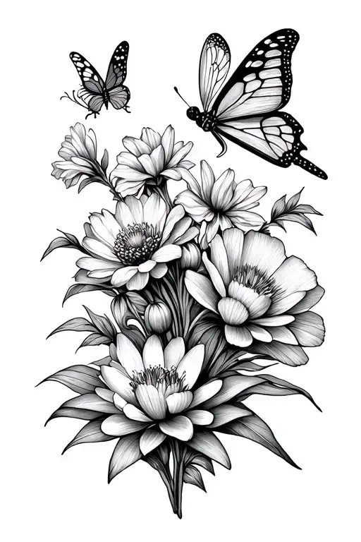 Columbine, water lilly, poppy, larkspur, daffidol, gladiolus, marigolds, dragon flies, butterfly tattoo design idea