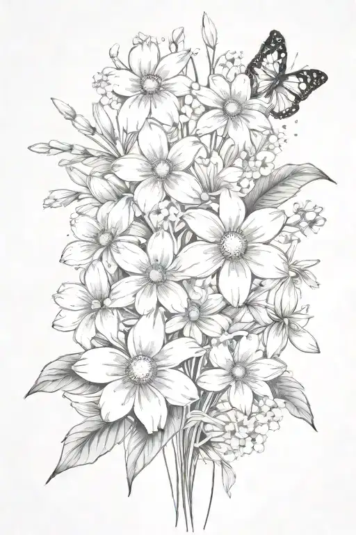 daisies and daffodils bouquet with sprinkling of cherry blossoms, snow drops, violets, filler, stems tattoo design idea