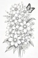 daisies and daffodils bouquet with sprinkling of cherry blossoms, snow drops, violets, filler, stems tattoo design idea