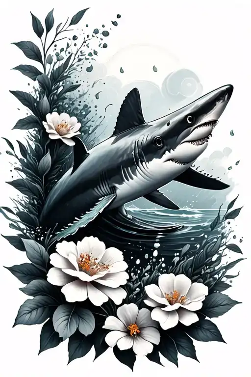 A realistic black and grey tattoo of a shark swimming gracefully in the ocean surrounded by blooming flowers tattoo design idea