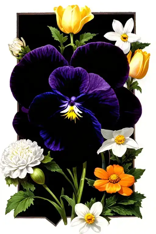 an African violet surrounded by a white carnation, a white daffodil, a yellow tulip and a orange cosmos tattoo design idea