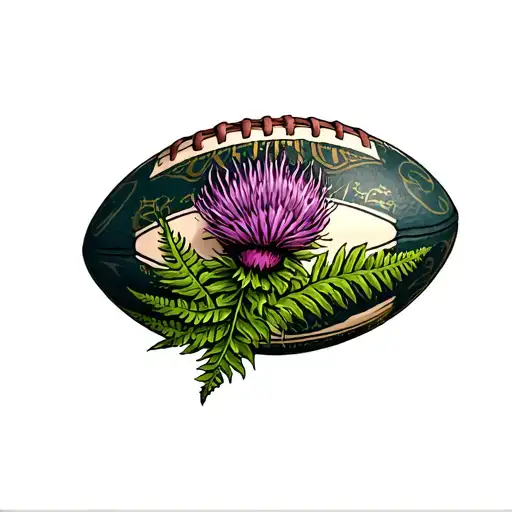 Scottish thistle and New Zealand fern leaf on a rugby ball tattoo design idea