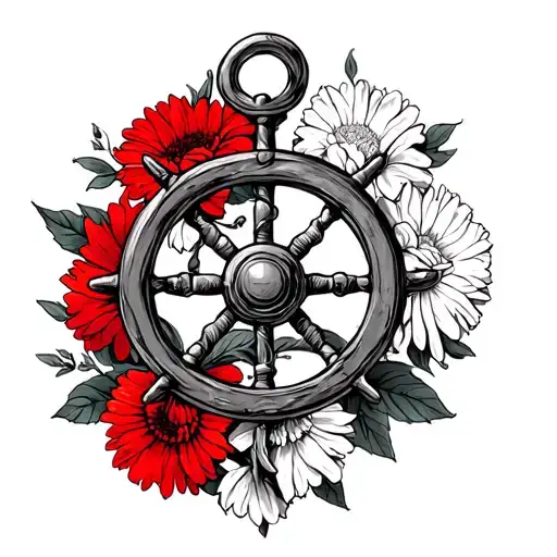 anchor with schips wheel in the middle. red aster and white carnations around it tattoo design idea