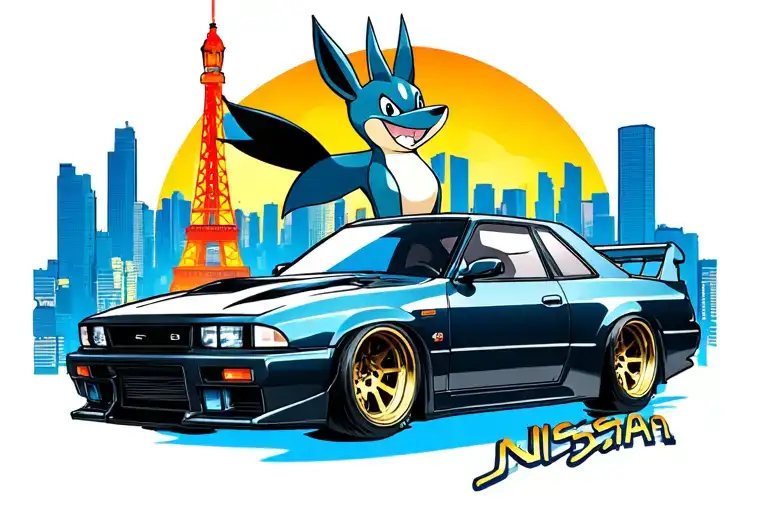 nissan skyline, with lucario, and the tokyo tower surrounded tattoo design idea