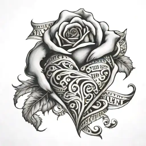 black and white heart on top of a rose made of hundred dollar bills tattoo design idea