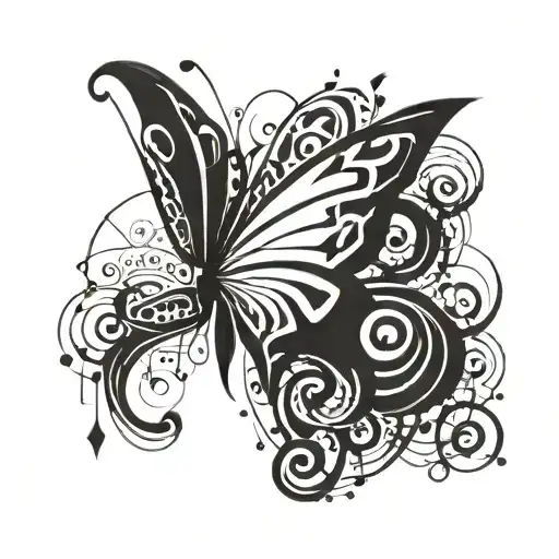 A geometric butterfly made out of musical notes tattoo design idea