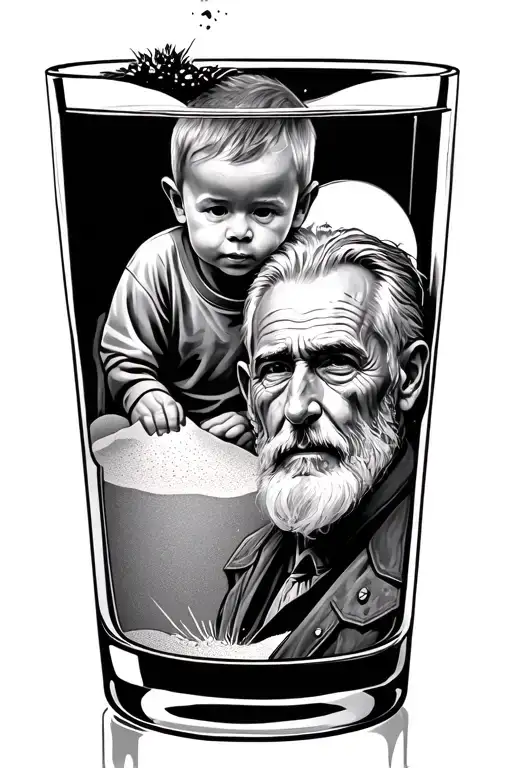 an hour glas with sand and a kid in the top and a old man in the bottom inside  tattoo design idea