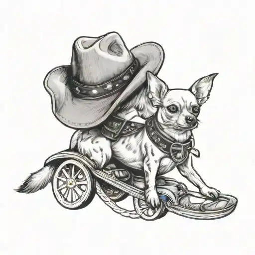 chihuahua wearing cowboy hat and boots on  riding a Labrador retriever like a horse tattoo design idea