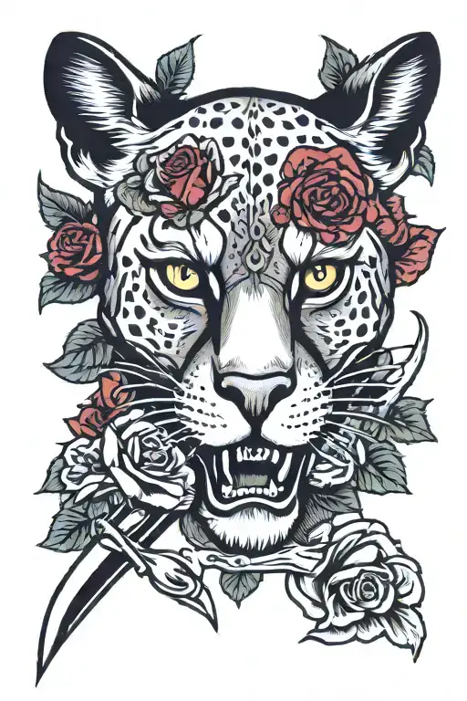 puma and roses with a dagger in the skull tattoo design idea