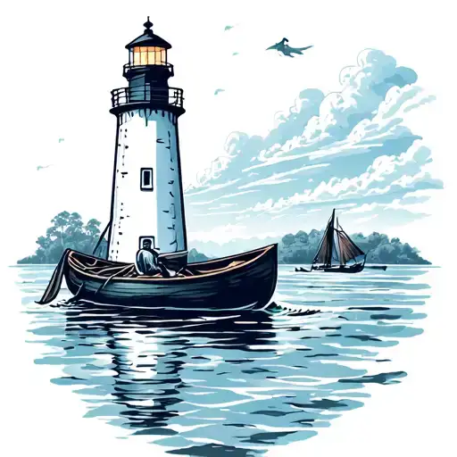 lighthouse and rowboat drifting towards tattoo design idea