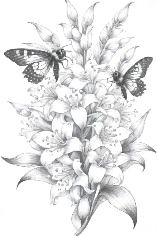 lily of the valley gladiolus lotus flowers blooming with bumblebee flying towards living tattoo design idea
