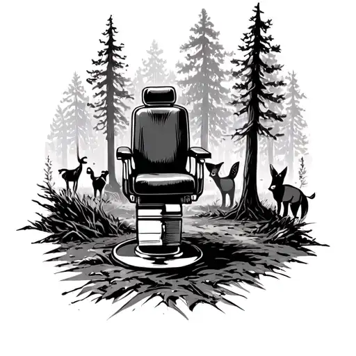 A barber chair nestled in a forest clearing with animals peeking out tattoo design idea