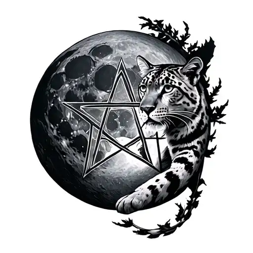 full moon with a pentacle etched into the surface with a snow leopard curled protectively around it tattoo design idea