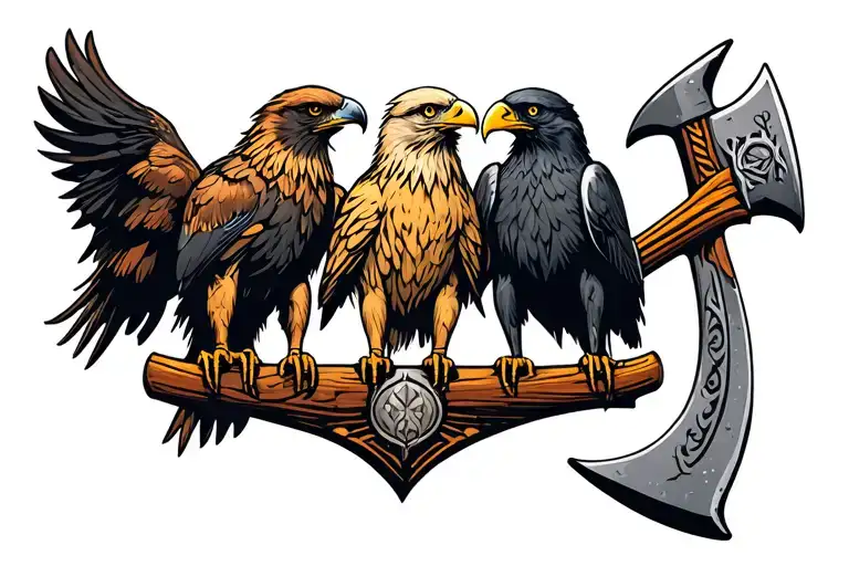 three birds sitting on viking axe. Birds are golden eagle, bald eagle, raven. Nordic tattoo design idea