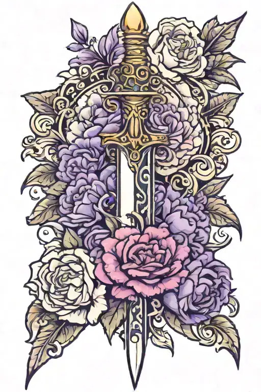 dagger wrapped in purple and white carnations with a topaz and 2 opals embedded in the dagger hilt tattoo design idea