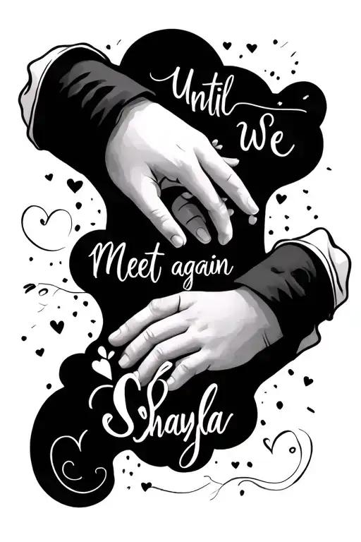 "Until we meet again Shayla " adult and child's hand connected by pinky promise tattoo design idea