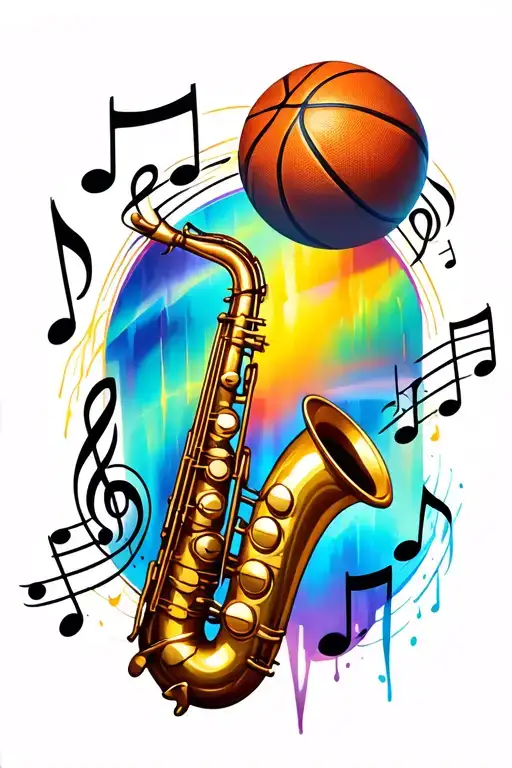 basketball and saxophone surrounded my music notes tattoo design idea