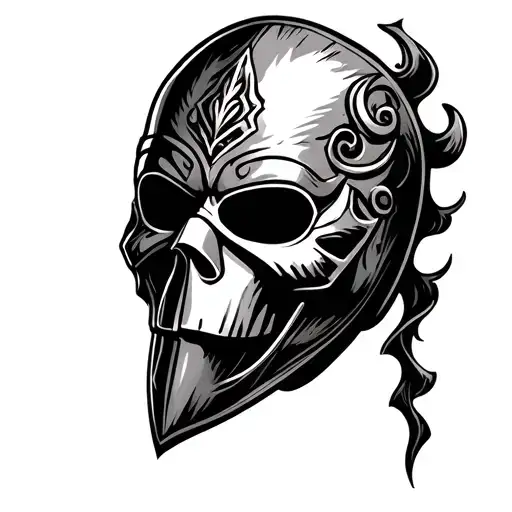 Old-school executioner's mask surrounded tattoo design idea