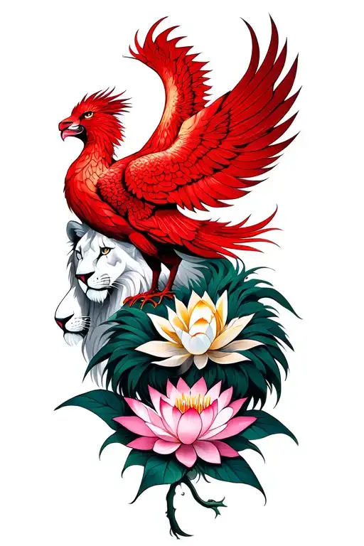 Red Lotus Flower, transforming into a Phoenix / phoenix rising out of flower... with a Lion in the background tattoo design idea