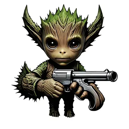 Baby Groot with a draco gun for a hand tattoo design idea
