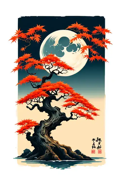 Japanese maple tree with leaves moon tattoo design idea