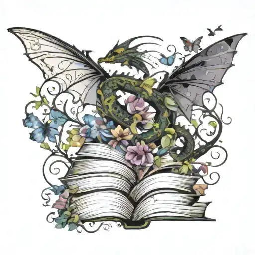 piled books open on top imagination a dragon  with butterflies flowers and vines curling out and below dark colors tattoo design idea