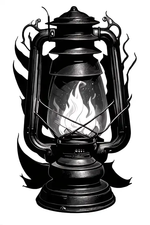 Hyper-realistic black and white tattoo sketch of a vintage kerosene lantern with two flames swirling inside in a spiral  tattoo design idea