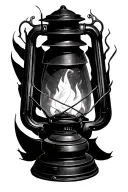 Hyper-realistic black and white tattoo sketch of a vintage kerosene lantern with two flames swirling inside in a spiral  tattoo design idea
