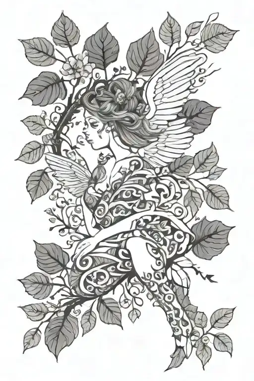 women trees leaves earthy power strength fly away tattoo design idea