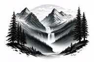 two mountains waterfall flowing between curving to the right, pine trees in foreground tattoo design idea