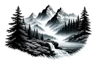 two mountains waterfall flowing between curving to the right, pine trees in foreground tattoo design idea