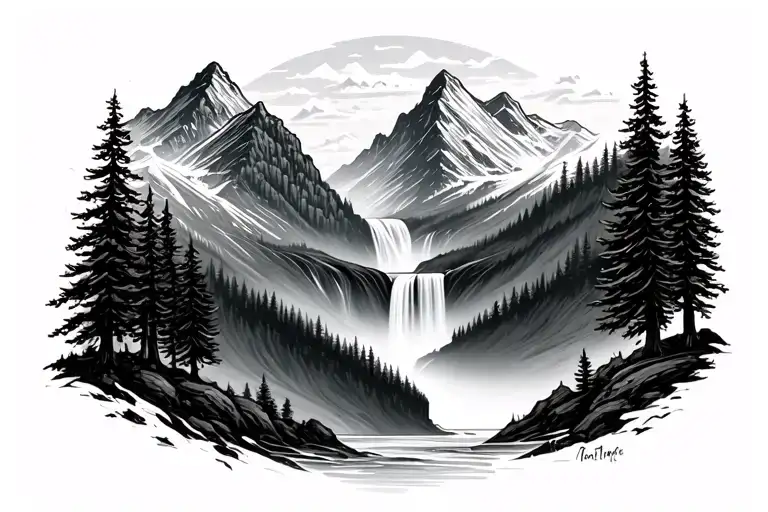 two mountains waterfall flowing between curving to the right, pine trees in foreground tattoo design idea