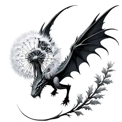dandelion seed evolving into a dragon flying tattoo design idea