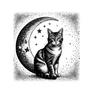 Sitting cat, no breed, calm pose with A crescent moon (thin, elegant) and A few small, twinkling stars tattoo design idea