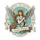 Quote "In nomine Patris, et Filii, et Spiritus Sancti, Amen" with the names of angels raphael michael, and gabriel in en tattoo design idea