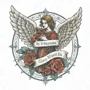 Quote "In nomine Patris, et Filii, et Spiritus Sancti, Amen" with the names of angels raphael michael, and gabriel in en tattoo design idea