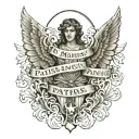 Quote "In nomine Patris, et Filii, et Spiritus Sancti, Amen" with the names of angels raphael michael, and gabriel in en tattoo design idea