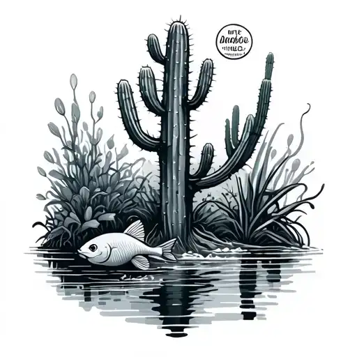 stream cactus tree fish tattoo design idea