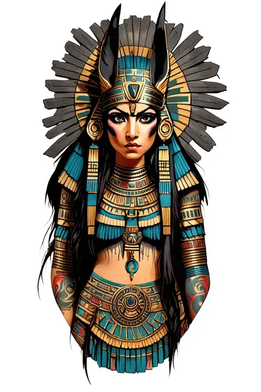 Aztec Warrior Girl With Technology With Egyptian God Anubis, Inka Symbolism, All Seing Eye Tattoo tattoo design idea