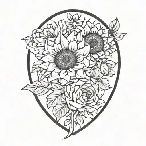 sunflowers with roses and chrysanthemums flower surrounded tattoo design idea