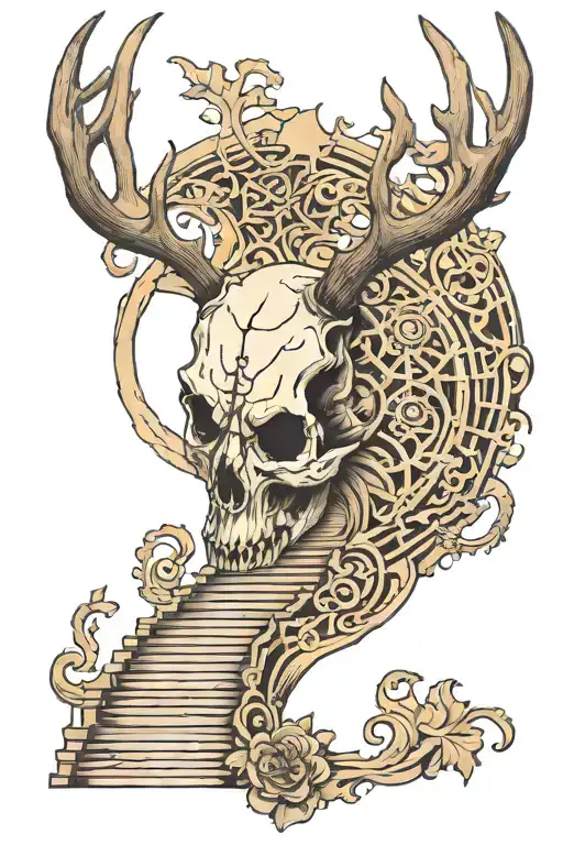whitetail deer skull with stair way to heaven tattoo design idea
